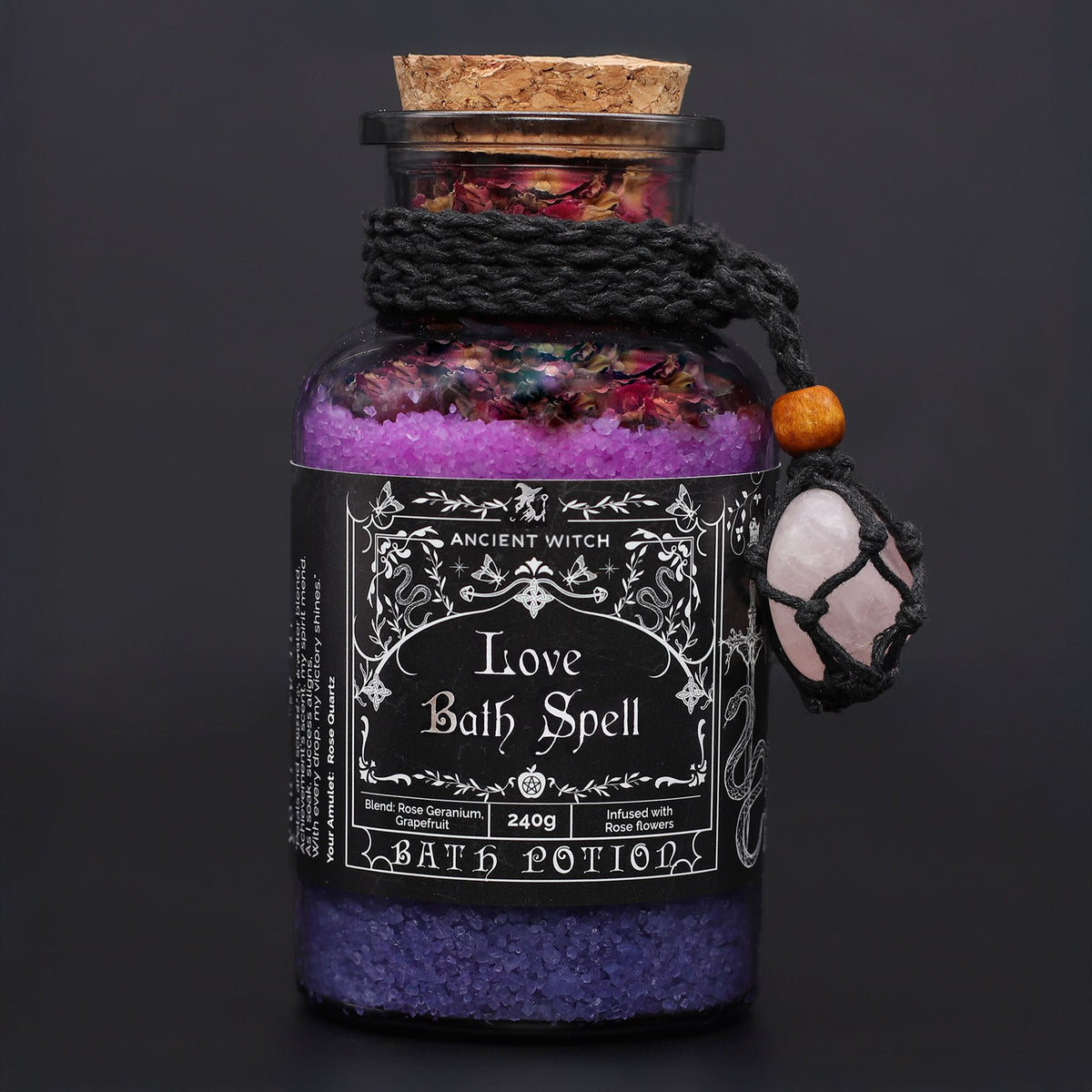 Ancient Witch's Bath Spell, Potion and Rose Quartz Crystal Amulet – Love