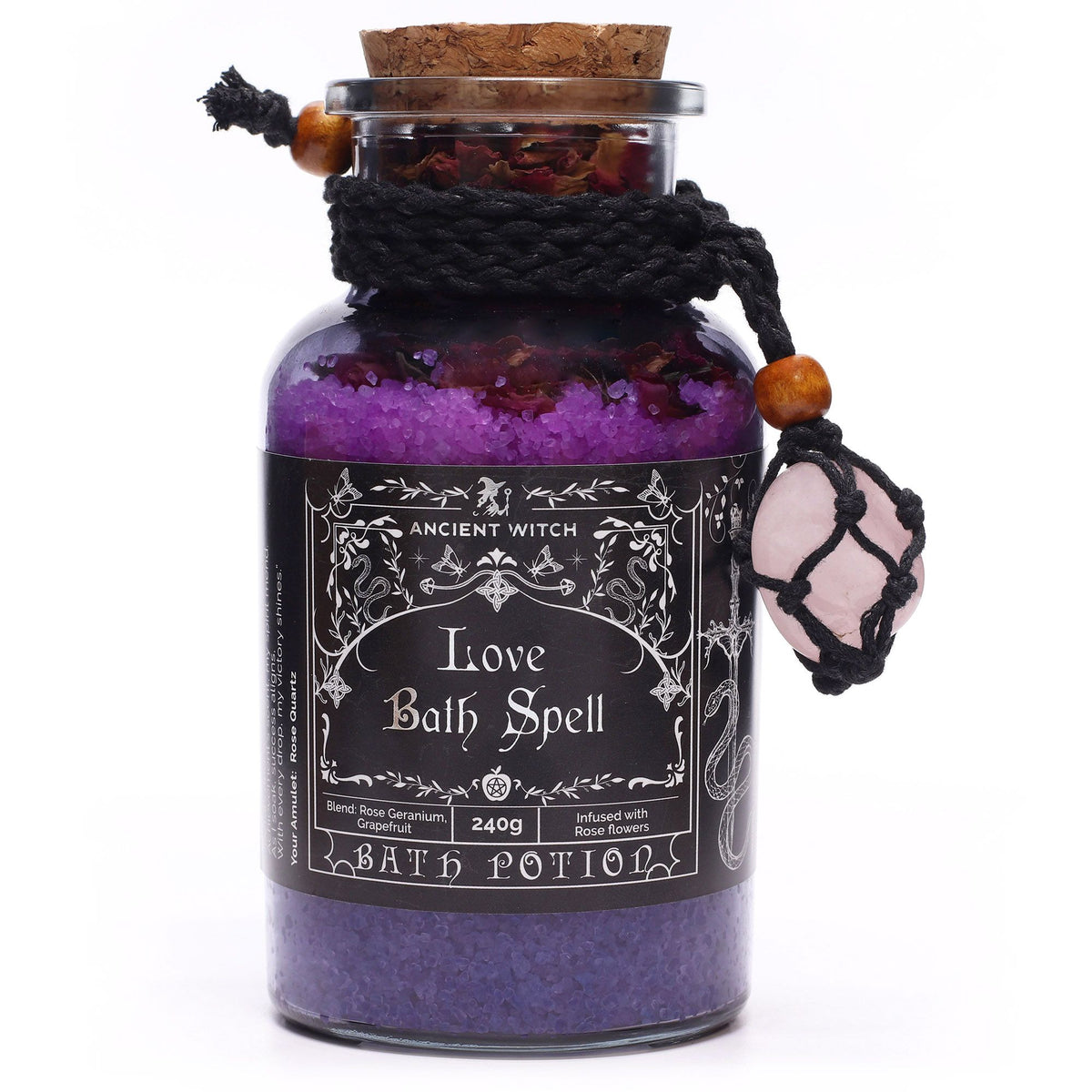 Ancient Witch's Bath Spell, Potion and Rose Quartz Crystal Amulet – Love