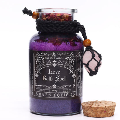 Ancient Witch's Bath Spell, Potion and Rose Quartz Crystal Amulet – Love