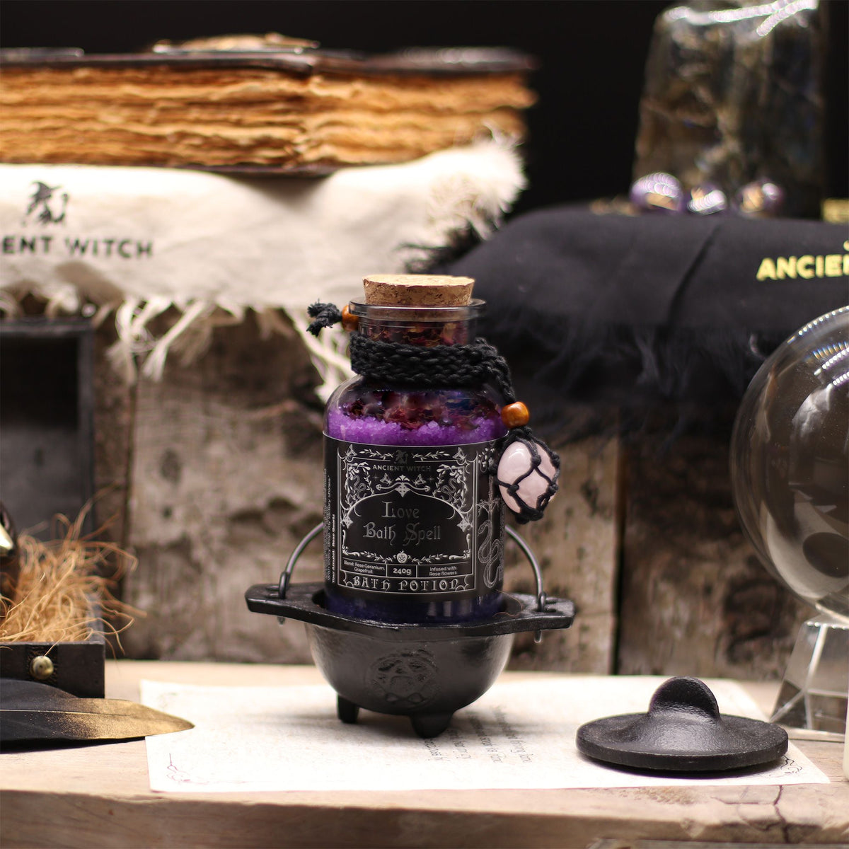 Ancient Witch's Bath Spell, Potion and Rose Quartz Crystal Amulet – Love