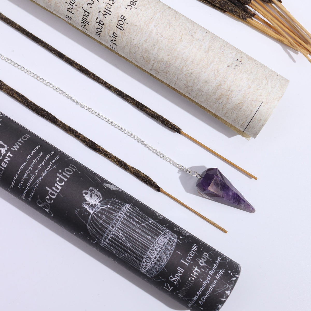 Incenso Antigo para Feitiços de Bruxaria – Sedução – Pêndulo de Ametista